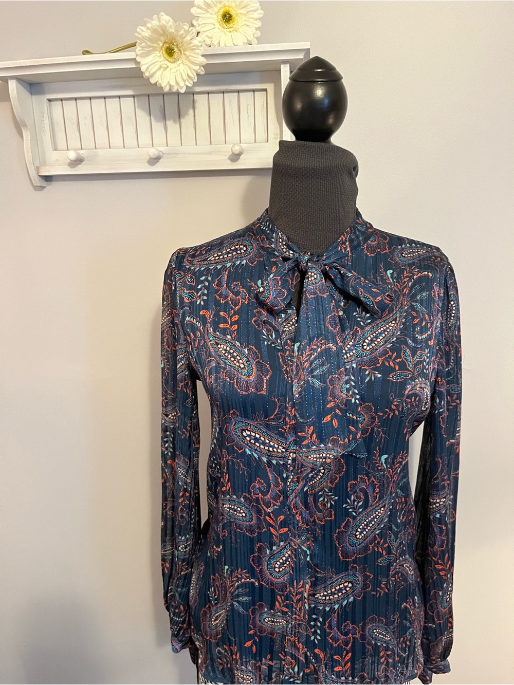 Mango Navy Paisley Tie-Neck Blouse with Coral Accents EUC